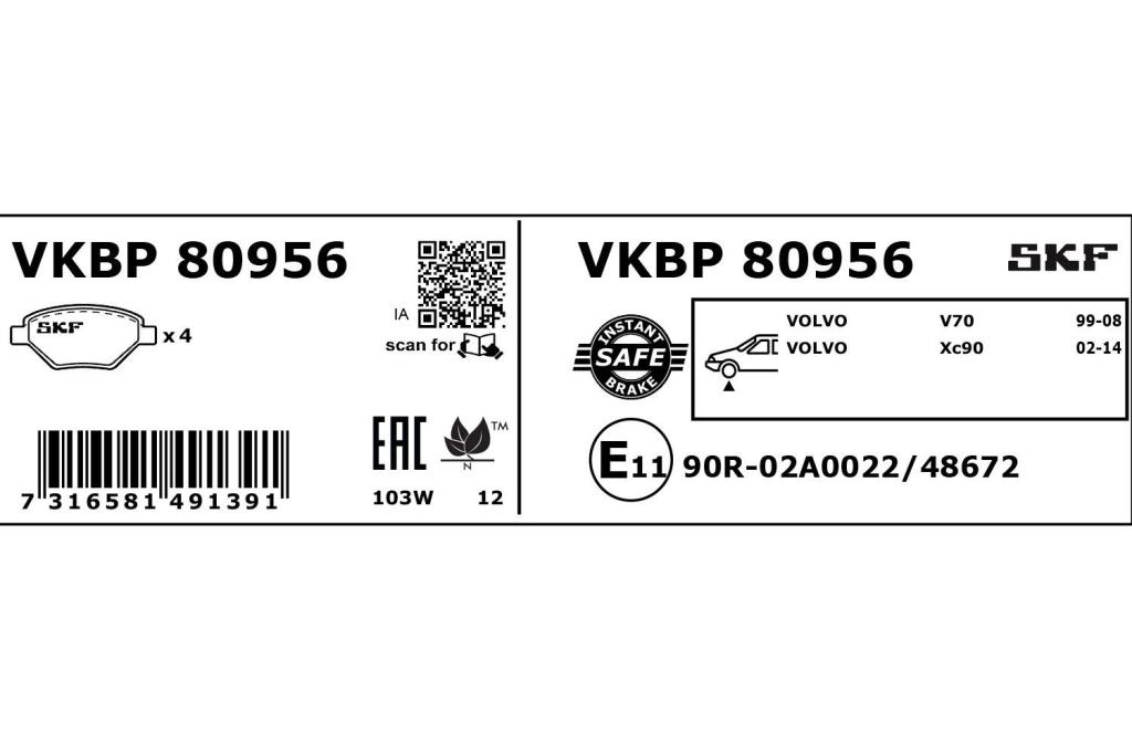 Jogo de 4 pastilhas de travão SKF ref. VKBP 80956